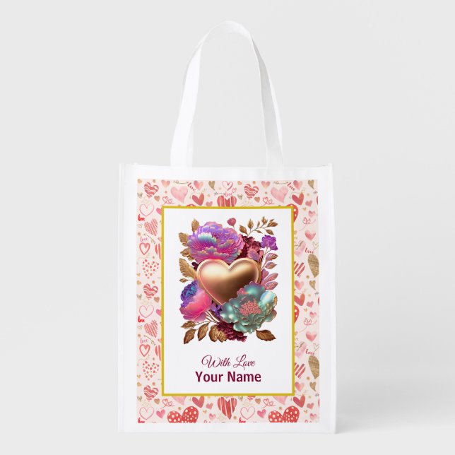 Personalized Elegant Pink Hearts Grocery Bag (Front)