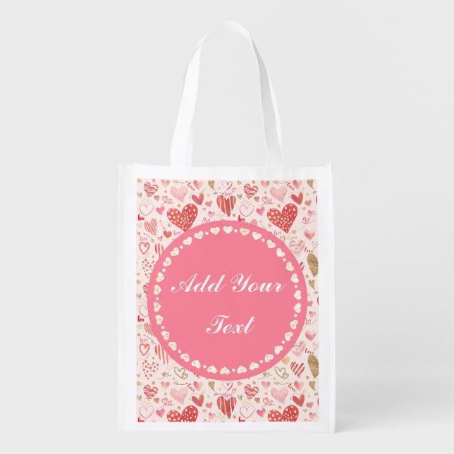 Personalized Elegant Pink Hearts Grocery Bag (Front)