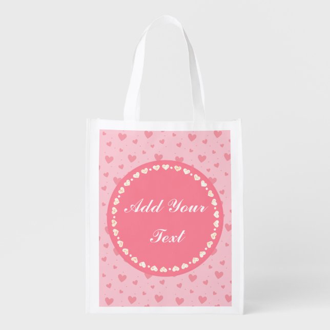 Personalized Elegant Pink Hearts Grocery Bag (Front)