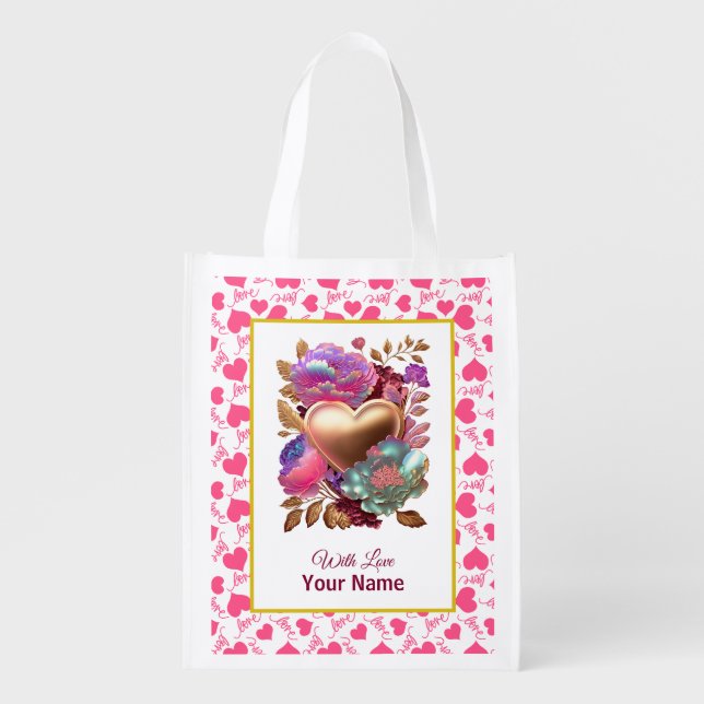 Personalized Elegant Pink Hearts Grocery Bag (Front)