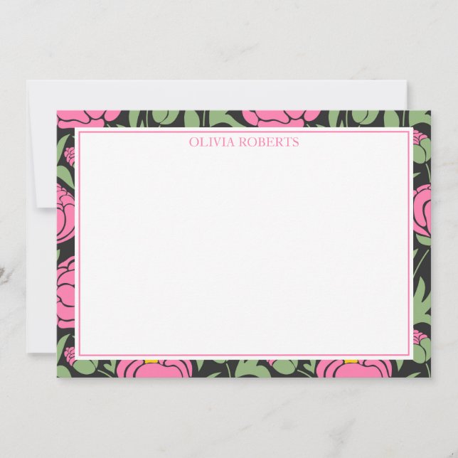 Personalized Elegant Pink Peony Flowers Note Card (Front)