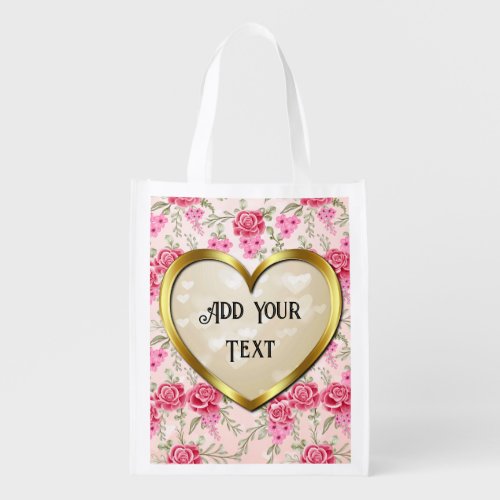 Personalized Elegant Pink Rose and Golden Heart Grocery Bag