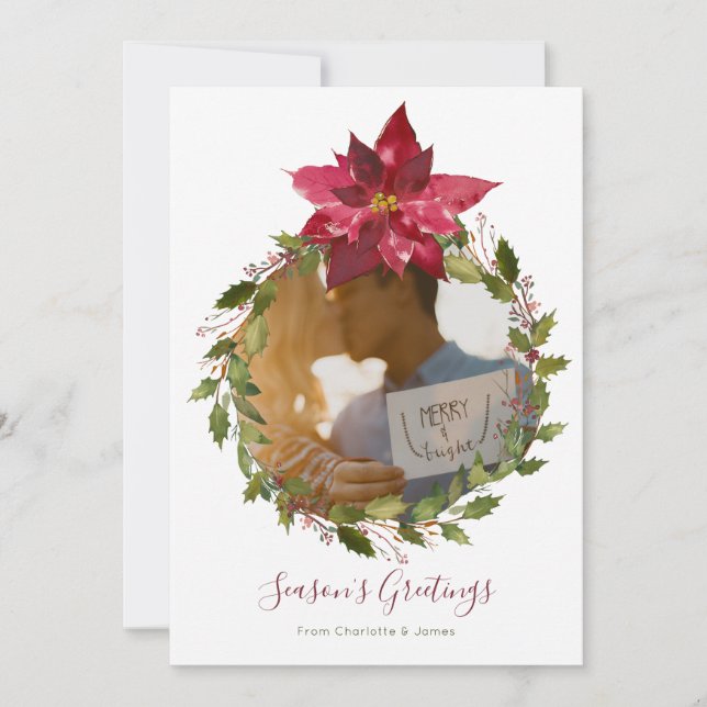 Personalized Elegant Poinsettia Wreath Christmas Holiday Card (Front)
