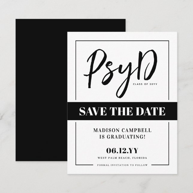 Personalized Elegant PsyD Doctor of Psychology Save The Date (Front/Back)