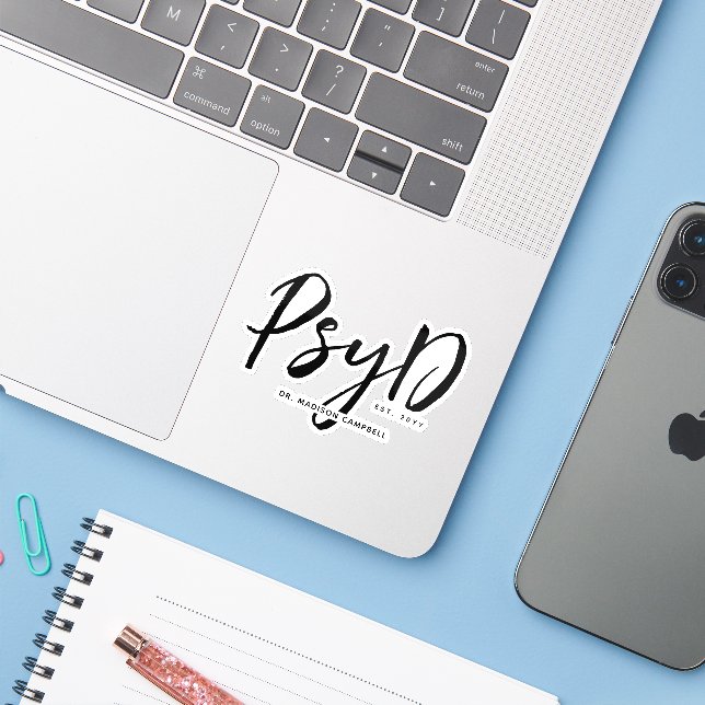 Personalized Elegant PsyD Doctor of Psychology Sticker (Laptop w/ iPhone)
