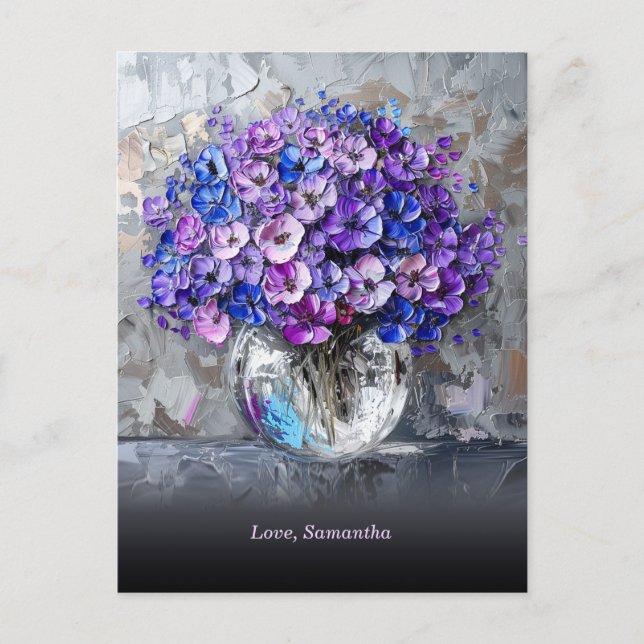 Personalized Elegant Purple and Blue Flowers Postcard (Front)