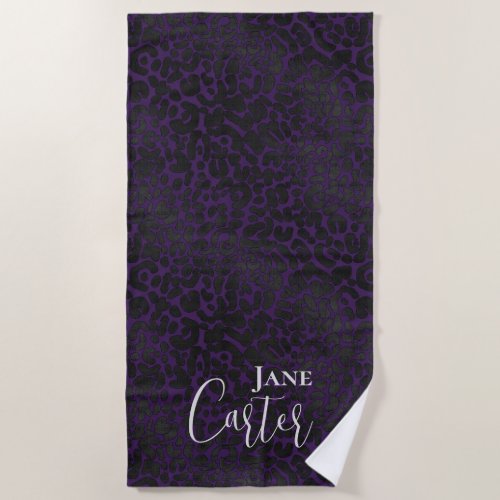 Personalized Elegant Purple Black Leopard Beach Towel