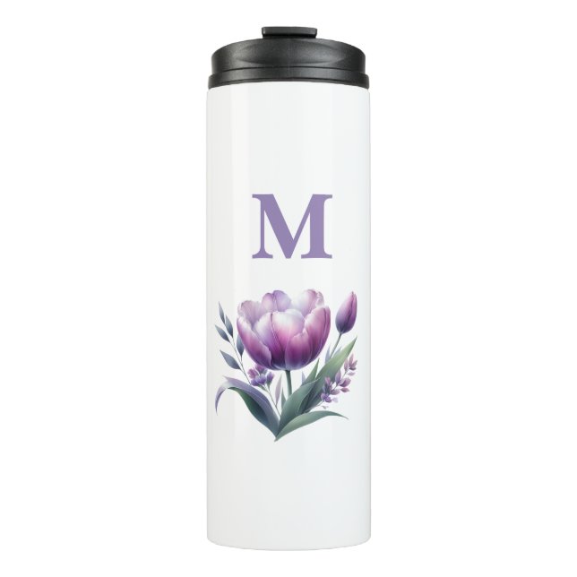 Personalized Elegant purple Tulip Monogram Thermal Tumbler (Front)