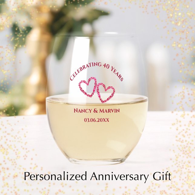 Personalized Elegant Red 40th Anniversary Gift Stemless Wine Glass (Personalize this elegant glass for a lovely ruby 40th wedding anniversary gift. Unique commemorative)