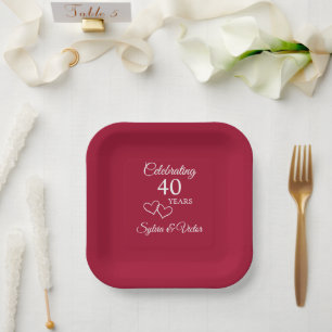 Personalized Elegant Red 40th Anniversary Party Paper Plates