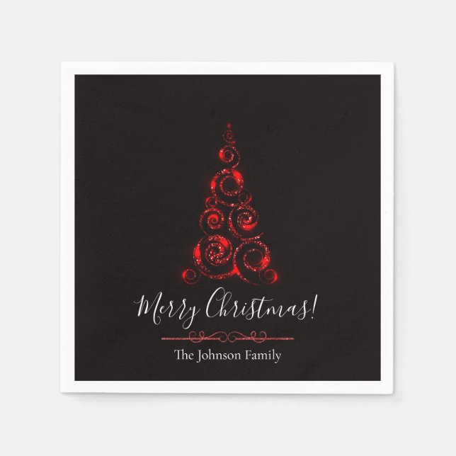 Personalized Elegant Red Glitter Christmas Tree Napkins (Front)