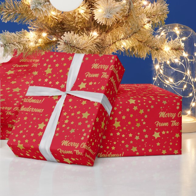 Personalized Elegant Red Gold Stars Christmas Wrapping Paper (Holidays)
