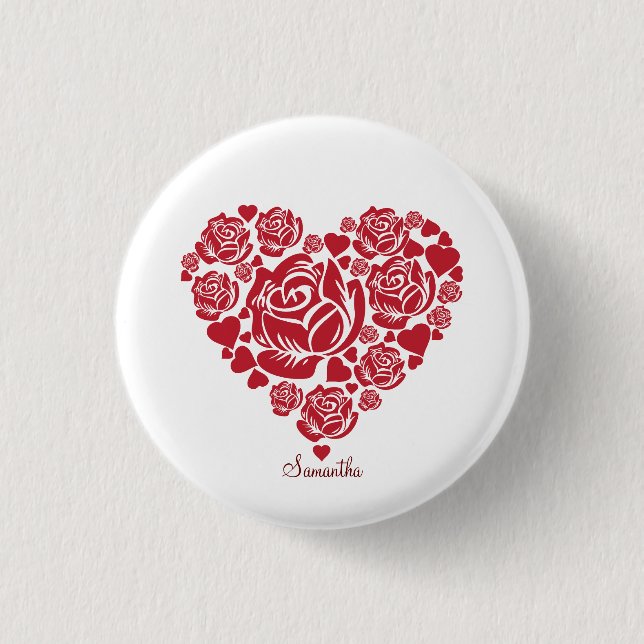 Personalized Elegant Red Rose Heart Valentine's   Button (Front)