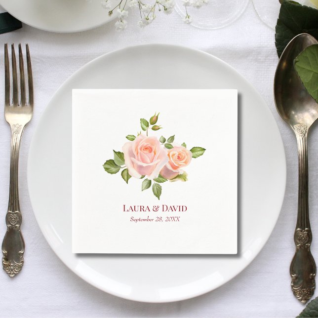 Personalized Elegant Red Rose Wedding Paper Napkins (Creator Uploaded)