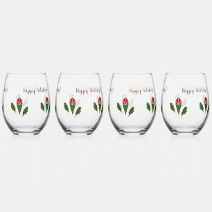 Personalized Elegant Red Roses & Holly Holiday Stemless Wine Glass