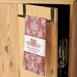 Personalized Elegant Red Vintage French Toile Kitchen Towel