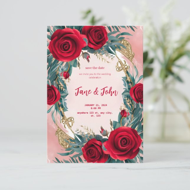 [Personalized] Elegant Red Wedding Invitation (Standing Front)
