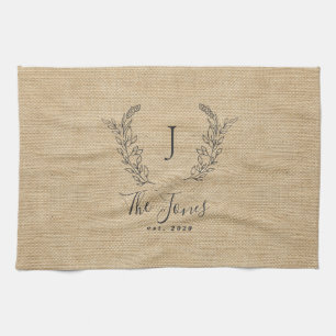 Personalized elegant rustic monogram family name kitchen towel