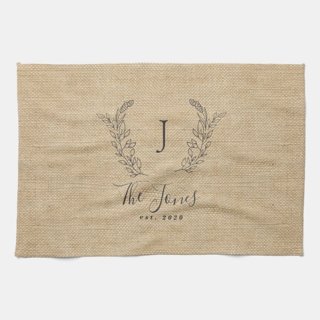 Personalized elegant rustic monogram family name kitchen towel (Horizontal)