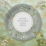 Personalized Elegant Sage Green Gold Greenery Paper Plates<br><div class="desc">Featuring delicate soft watercolor leaves on a sage green background,  this chic botanical paper plate can be personalized with your special message set in elegant text. Perfect for weddings,  bridal showers,  baby showers,  baptism,  engagement parties,  anniversary celebrations,  and birthday get-togethers. Designed by Thisisnotme©</div>