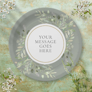 Personalized Elegant Sage Green Gold Greenery Paper Plates