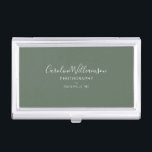 Personalized Elegant Sage Green Minimalist Script Business Card Case<br><div class="desc">Keep your cards organized in style with this elegant business card case featuring a soft sage green background and minimalist script typography. Designed for photographers, creatives, or small business owners, this sleek case adds a polished touch to client meetings and networking events. Personalize it with your name, profession, and location...</div>