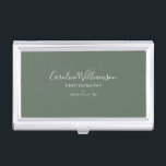 Personalized Elegant Sage Green Minimalist Script Business Card Case<br><div class="desc">Keep your cards organized in style with this elegant business card case featuring a soft sage green background and minimalist script typography. Designed for photographers, creatives, or small business owners, this sleek case adds a polished touch to client meetings and networking events. Personalize it with your name, profession, and location...</div>