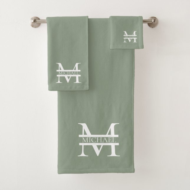 Personalized Elegant Sage Green Monogram & Name Bath Towel Set (Insitu)