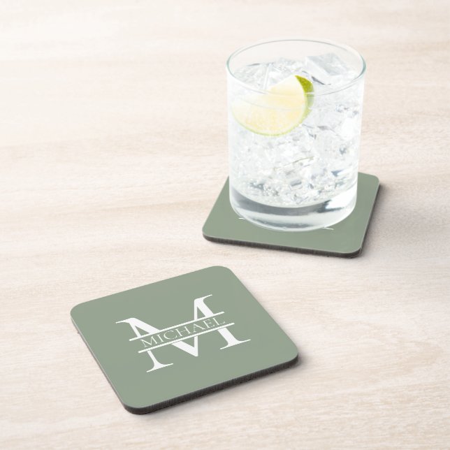 Personalized Elegant Sage Green Monogram & Name Beverage Coaster (Right Side)