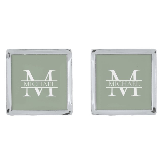 Personalized Elegant Sage Green Monogram & Name Cufflinks (Front)