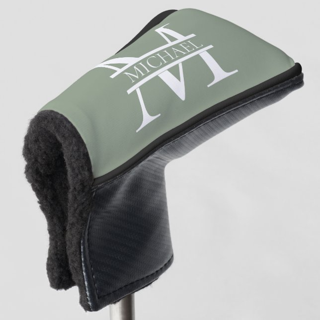 Personalized Elegant Sage Green Monogram & Name Golf Head Cover (3/4 Front)