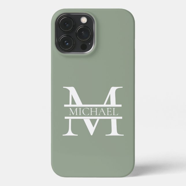 Personalized Elegant Sage Green Monogram & Name iPhone Case (Back)
