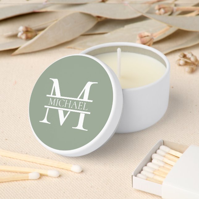 Personalized Elegant Sage Green Monogram & Name Mini Candle Favors (Insitu)