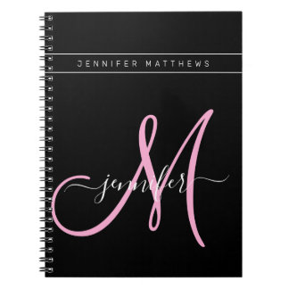 Personalized Elegant Script Black Pink Monogram Notebook