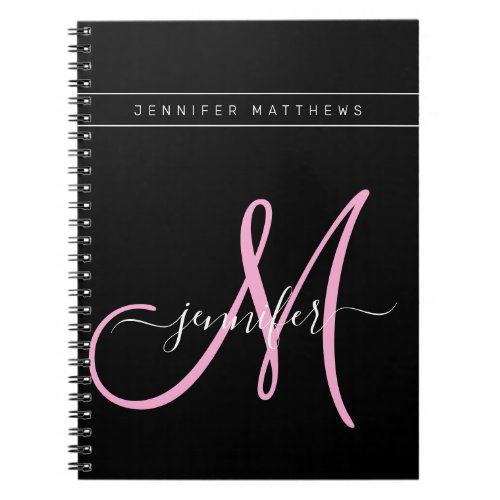 Personalized Elegant Script Black Pink Monogram Notebook