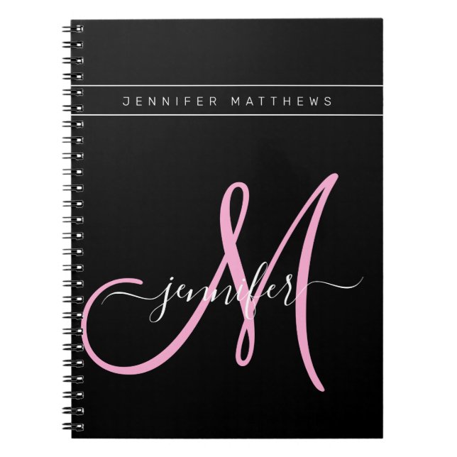 Personalized Elegant Script Black Pink Monogram Notebook (Front)