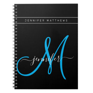 Personalized Elegant Script Blue Black Monogram Notebook