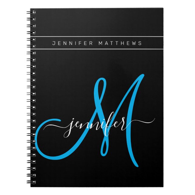 Personalized Elegant Script Blue Black Monogram Notebook (Front)