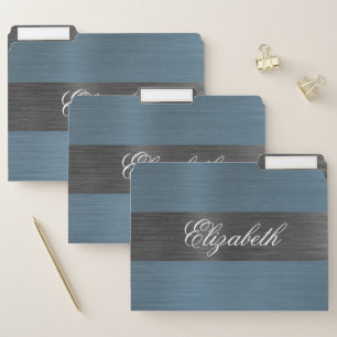 Personalized Elegant Script Blue Brushed Metal File Folder