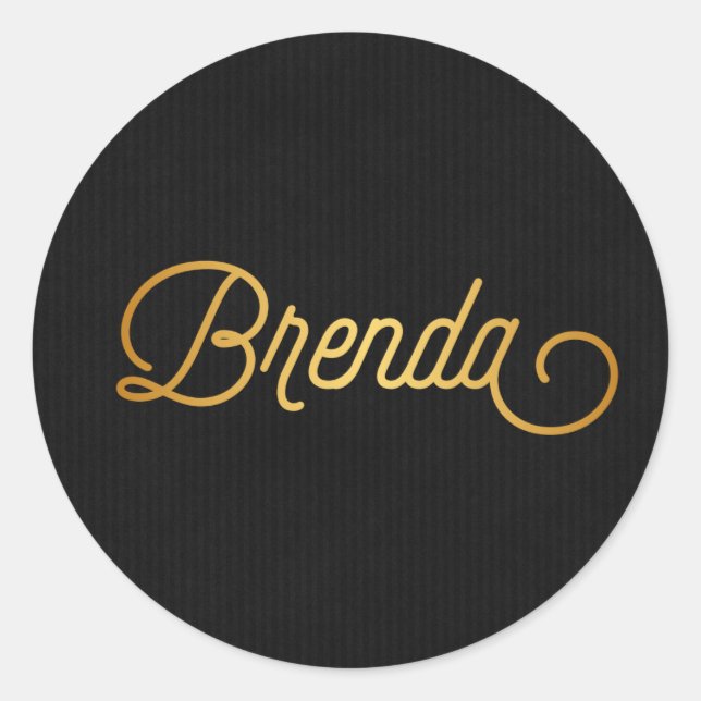 Personalized Elegant Script Brenda Gold Black Classic Round Sticker (Front)