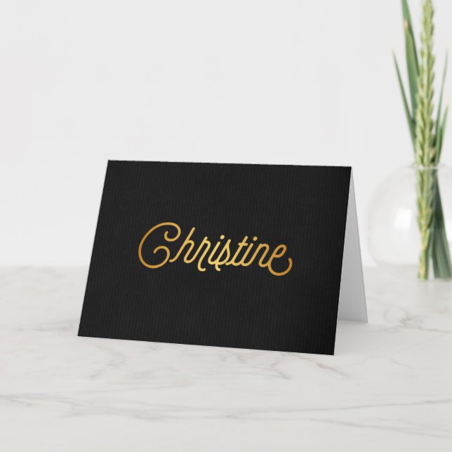 Personalized Elegant Script Christine Gold Black Holiday Card (Front)