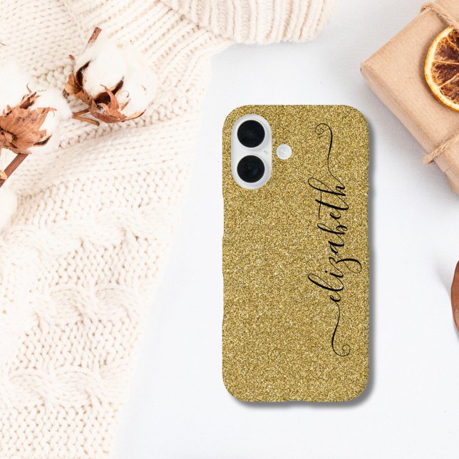 Personalized Elegant Script Gold Glitter Case-Mate iPhone Case (Gold Glitter iPhone 16 15 14 13 12 case. Monogram it with your name. Script Calligraphy monogram)