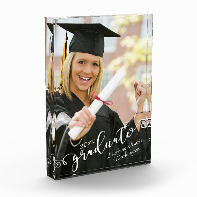 Personalized Elegant Script Graduate 20xx Vertical Photo Block (Left)