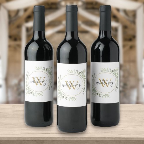 Personalized Elegant Script Greenery Monogram Wine Label