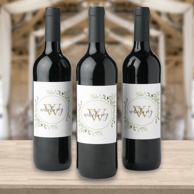 Personalized Elegant Script Greenery Monogram Wine Label (Creator Uploaded)