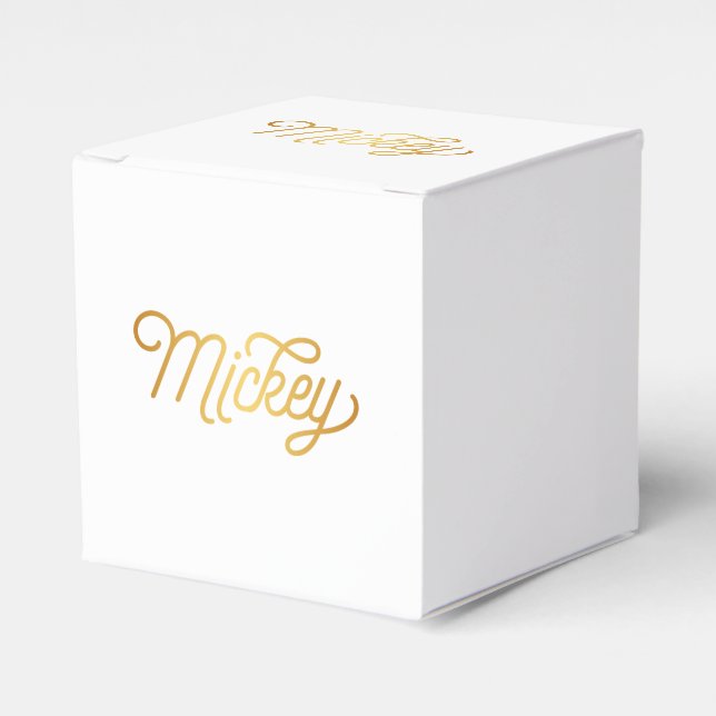 Personalized Elegant Script Mickey Gold Black Favor Boxes (Front Side)
