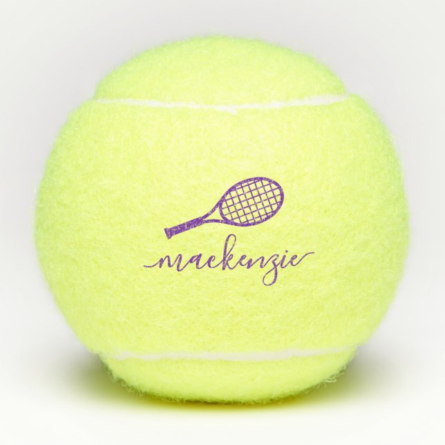 Personalized Elegant Script Name Purple Tennis Balls (Front)