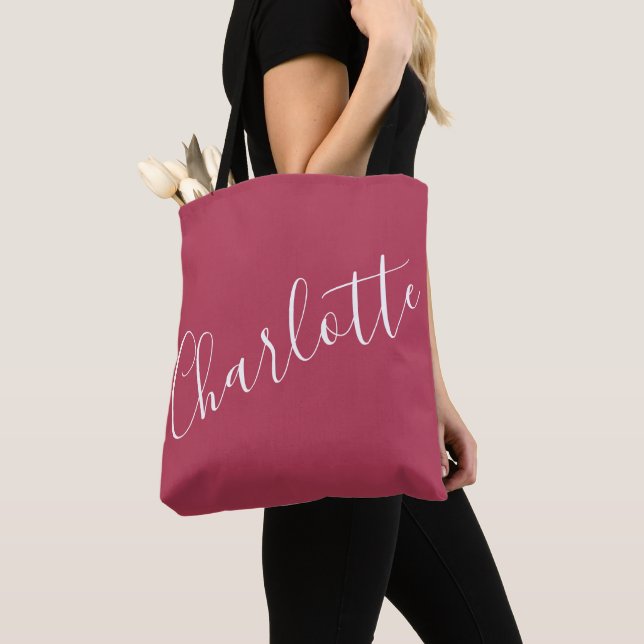 Personalized Elegant Script Name Red Magenta Tote Bag (Close Up)