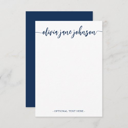 Personalized Elegant Script Note Card  Navy White