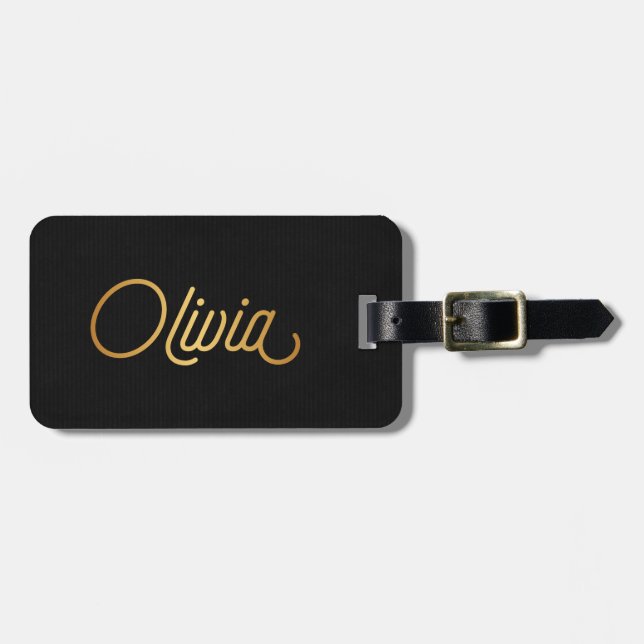 Personalized Elegant Script Olivia Gold Black Luggage Tag (Front Horizontal)